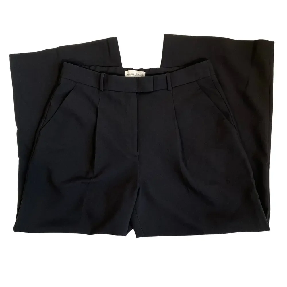 Abercrombie & Fitch Sz 31/12 Short Black Pleated Wide Leg Trouser Pants Classic